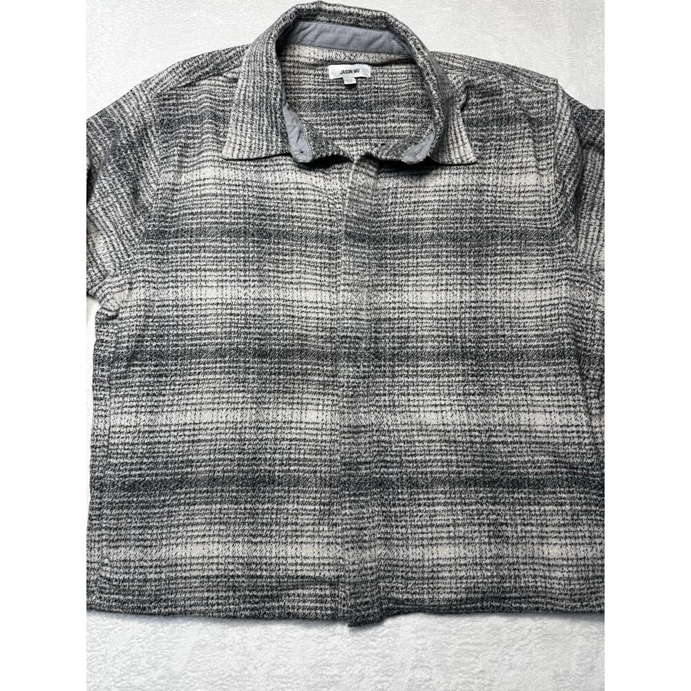 Jason Wu Fleece Snap Front Jacket Gray Plaid XL Soft Cozy Outerwear
